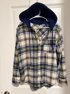 Hooded Plaid Button-Up Shirt in Navy, Olive & Cream